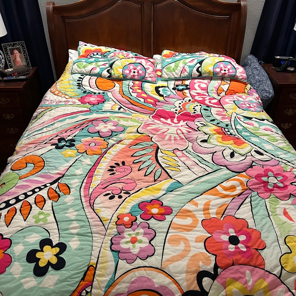 Queen Pottery Barn Teen Pink and Orange Quilt and Shams Tropical Floral Pattern